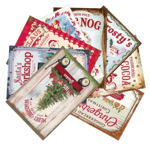 Detail of vintage Christmas party wall decor signs featuring Santa bakery and gingerbread art