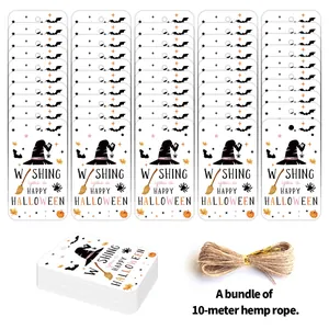 Detail of Halloween gift tags with witch hat designs and 10-meter natural hemp rope