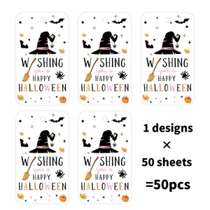 Detailed close-up of 50pcs Halloween paper gift tags with witch hat and pumpkin design