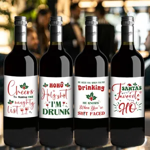 Lot de 4 étiquettes de vin de Noël amusantes avec blagues festives et graphismes variés