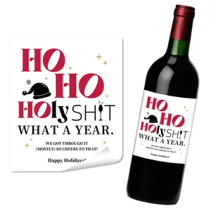Set of 4 waterproof Christmas wine bottle labels with humorous holiday slogans and decor