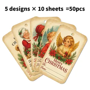 50-piece set of vintage Christmas tree gift tags featuring assorted festive illustrations