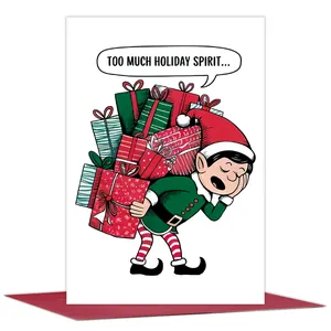 Funny Christmas elf carrying gift boxes detail with a bold red envelope