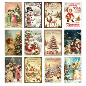 Set of 12 vintage Christmas postcards with retro holiday illustrations and festive patterns