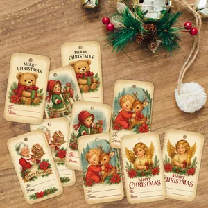 Vintage Christmas gift tags with retro teddy bear and reindeer illustrations on wood
