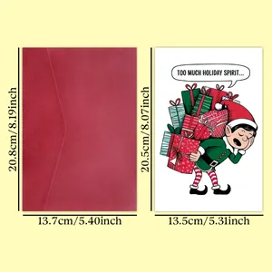 Funny Christmas card set with elf illustration and envelope showing detailed dimensions