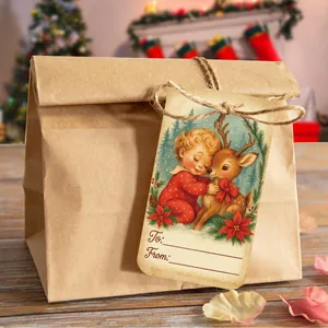 Detail of vintage Christmas gift tags with reindeer illustration and jute string