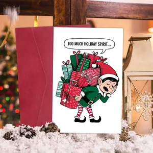 Funny Christmas card with elf illustration and a red envelope in a festive snowy setting