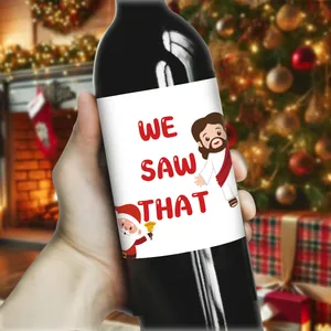Nahaufnahme der lustigen WE SAW THAT Weihnachts-Etikett mit Jesus und Weihnachtsmann