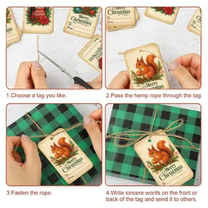 Step-by-step guide to tying rustic Christmas gift tags with twine on gift boxes
