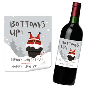 Detailed Christmas wine label with Santa illustration and Bottoms Up festive text