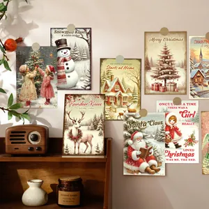 Retro Christmas postcards and scented candle displayed on a cozy vintage wall decor setup