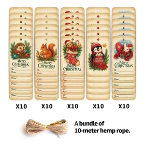 50-pack Christmas gift tags featuring cute animal illustrations with 10m jute rope