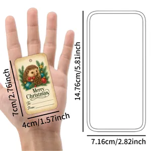 Detailed size view of hedgehog Christmas gift tag with Merry Christmas text and strings