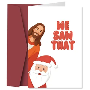 Grappige kerstkaart met Jezus en de Kerstman inclusief een donkerrode envelop