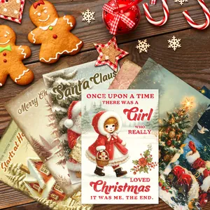 Flat lay of vintage Christmas cards with festive decor on dark wood background