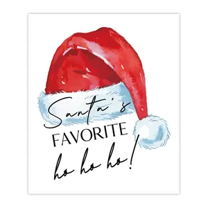 Detail eines Weinflaschenaufklebers mit roter Aquarell-Nikolausmütze und lustigem Spruch