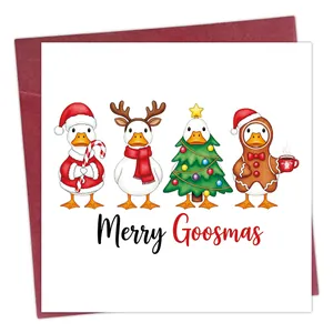 Detail of a Merry Goosmas Christmas card with cartoon geese and a red envelope