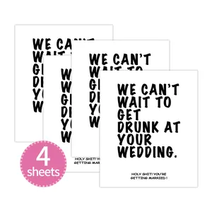 Set of 4 funny self-adhesive wedding wine bottle labels with bold black lettering