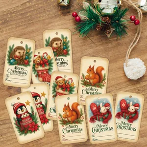 Macro detail of Christmas tree gift tags featuring animals on a festive wooden surface