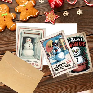 Set de cartes de Noël rétro avec bonhommes de neige humour sur fond de bois sombre