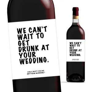 Detail of funny wedding wine label with humorous text on a standard glass bottle