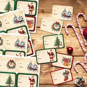 Retro Weihnachtsaufkleber mit Weihnachtsmann-Motiven auf warmem Holzhintergrund