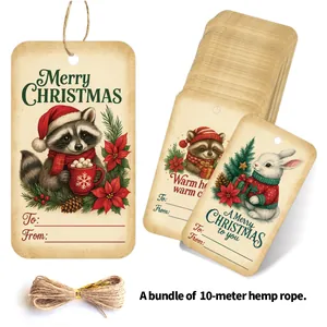 Detailed set of Christmas tree gift tags with cute animals and 10m natural hemp rope