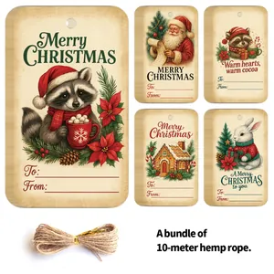 Detailed view of vintage Christmas gift tags with cute raccoon and Santa hand-drawn art