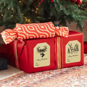 Étiquettes de Noël vintage en kraft avec cerf sur une boîte cadeau rouge festif