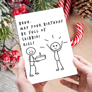Funny internet slang birthday card featuring a hand-drawn illustration and white envelope