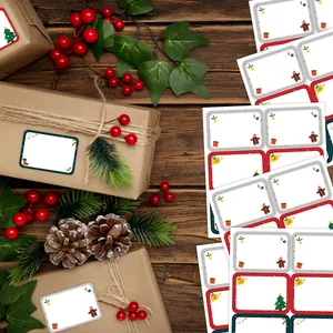 Christmas gift labels with cartoon icons on kraft paper boxes with festive decor