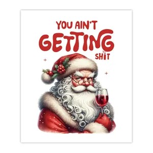 Close-up of a humorous Christmas wine label featuring Santa Claus holding a wine glass