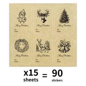 90 étiquettes de Noël vintage en papier kraft avec 6 motifs festifs dessinés à la main