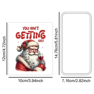 Detailed dimension guide for Christmas wine bottle stickers with Santa Claus humor design