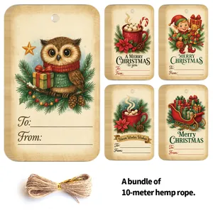 Close-up of assorted Christmas gift tags featuring festive illustrations and 10m natural jute twine