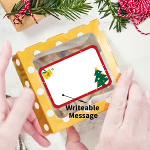 Christmas gift labels with cartoon tree and gift box on white writable cardstock