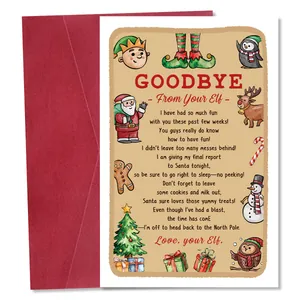Detailed view of an Elf Goodbye Christmas card featuring festive characters and red envelope