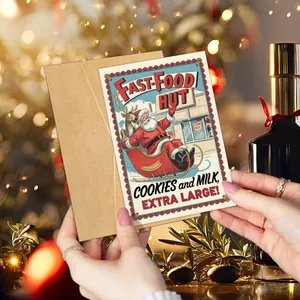 Carte de Noël rétro avec illustration du Père Noël et enveloppe en décor de fête