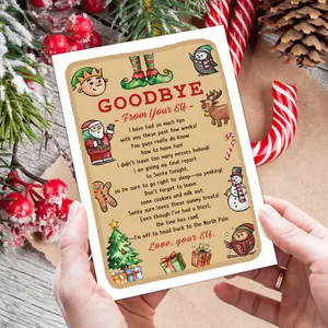 Close-up of vintage kraft Christmas elf goodbye card with festive hand-drawn illustrations