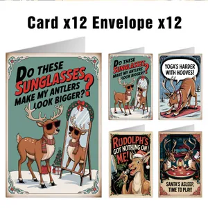 Détails de 12 cartes de Noël rétro avec illustrations de rennes et enveloppes
