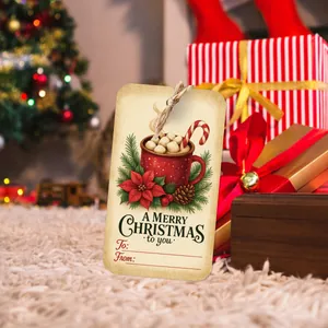 Detail of vintage Christmas gift tags with hemp rope on a festive blurred background