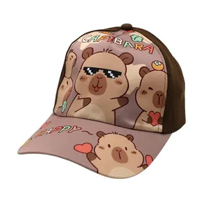 Kids brown capybara baseball hat with cute cartoon prints and Happy lettering