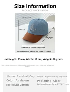Size chart showing dinosaur embroidered kids baseball cap dimensions and cotton material detail