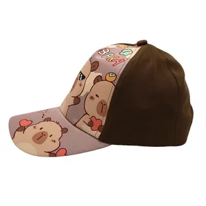 Close-up of a pink and brown kids capybara baseball cap with cartoon BARA print