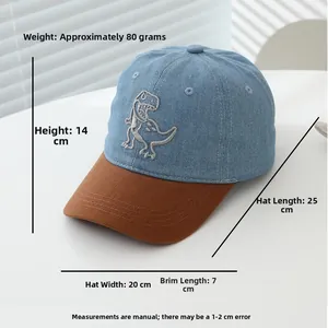 Detailed dimensions of kids' dinosaur baseball cap with 3D embroidery and denim brim