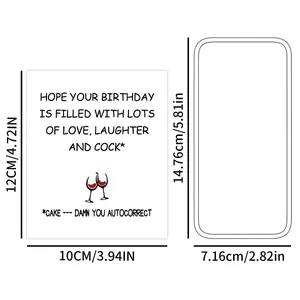Detailed size chart for funny birthday wine bottle labels with black humor design