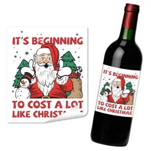 Detail showing Christmas wine bottle stickers with Santa and humorous holiday slogan