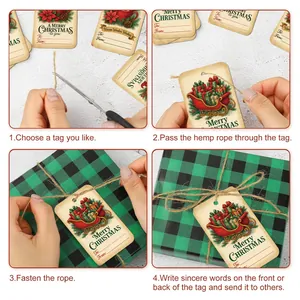 Detail showing 4-step guide to tie vintage kraft Christmas gift tags with twine