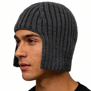Men's dark grey ribbed knit trapper hat with ear flaps for winter warmth and protection